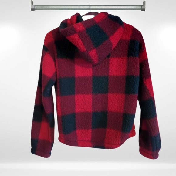 SO Girls Red & Black Cropped Sherpa Quarter Zip Plaid Hooded Pullover - Picture 4 of 5